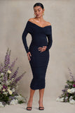 Davina Navy Ruched Twist Bardot Long-Sleeve Maternity Midi Dress