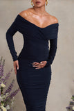 Davina Navy Ruched Twist Bardot Long-Sleeve Maternity Midi Dress