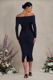 Davina Navy Ruched Twist Bardot Long-Sleeve Maternity Midi Dress