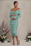Davina Sage Ruched Twist Bardot Long-Sleeve Maternity Midi Dress