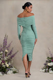 Davina Sage Ruched Twist Bardot Long-Sleeve Maternity Midi Dress