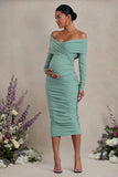 Davina Sage Ruched Twist Bardot Long-Sleeve Maternity Midi Dress