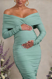 Davina Sage Ruched Twist Bardot Long-Sleeve Maternity Midi Dress