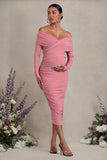 Davina Blush Pink Ruched Twist Bardot Long-Sleeve Maternity Midi Dress