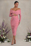 Davina Blush Pink Ruched Twist Bardot Long-Sleeve Maternity Midi Dress