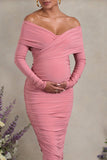 Davina Blush Pink Ruched Twist Bardot Long-Sleeve Maternity Midi Dress