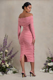 Davina Blush Pink Ruched Twist Bardot Long-Sleeve Maternity Midi Dress