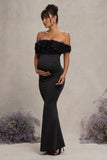 Inflorescence Black Mesh Floral Bardot Maternity Maxi Dress