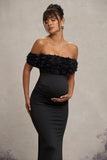 Inflorescence Black Mesh Floral Bardot Maternity Maxi Dress