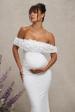 Inflorescence White Mesh Floral Bardot Maternity Maxi Dress