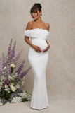 Inflorescence White Mesh Floral Bardot Maternity Maxi Dress