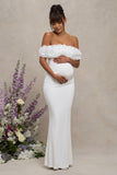 Inflorescence White Mesh Floral Bardot Maternity Maxi Dress