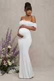 Inflorescence White Mesh Floral Bardot Maternity Maxi Dress
