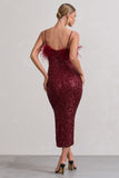 In Your Head Plum Sequin Strappy Midi Dress With Feathers