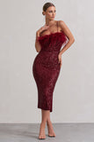 In Your Head Plum Sequin Strappy Midi Dress With Feathers