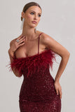 In Your Head Plum Sequin Strappy Midi Dress With Feathers
