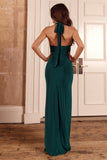 Rachel Bottle Green Ruched Halter-Neck Split Maxi Dress
