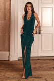 Rachel Bottle Green Ruched Halter-Neck Split Maxi Dress