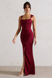 A Romantic Berry Satin Corset Wrap Maxi Dress