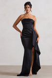 Ace Black Satin Bandeau Split Maxi Dress With Ruffle Drape
