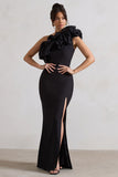 Vienne Black One Shoulder Ruffle Split Maxi Dress