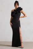 Vienne Black One Shoulder Ruffle Split Maxi Dress