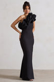 Vienne Black One Shoulder Ruffle Split Maxi Dress