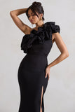 Vienne Black One Shoulder Ruffle Split Maxi Dress