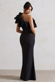 Vienne Black One Shoulder Ruffle Split Maxi Dress