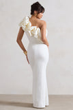 Vienne White One Shoulder Ruffle Split Maxi Dress