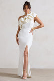 Vienne White One Shoulder Ruffle Split Maxi Dress