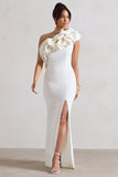 Vienne White One Shoulder Ruffle Split Maxi Dress