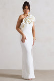 Vienne White One Shoulder Ruffle Split Maxi Dress