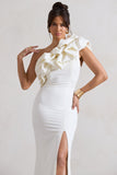 Vienne White One Shoulder Ruffle Split Maxi Dress