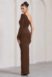 Mallory Chocolate Brown Asymmetric Split Maxi Dress