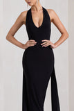 Veronica Black Plunge Sleeveless Open-Back Maxi Dress With Drape Detail