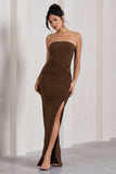 Dawning Chocolate Brown Bandeau Knotted Split Maxi Dress