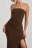 Dawning Chocolate Brown Bandeau Knotted Split Maxi Dress