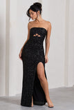 Illuminate Black Sequin Bandeau Cut Out Split Maxi Dress
