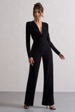 Elisha Black Plunge-Neck Wide-Leg Jumpsuit