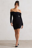 Leola Black Ruched Bodycon Bardot Long Sleeve Mini Dress