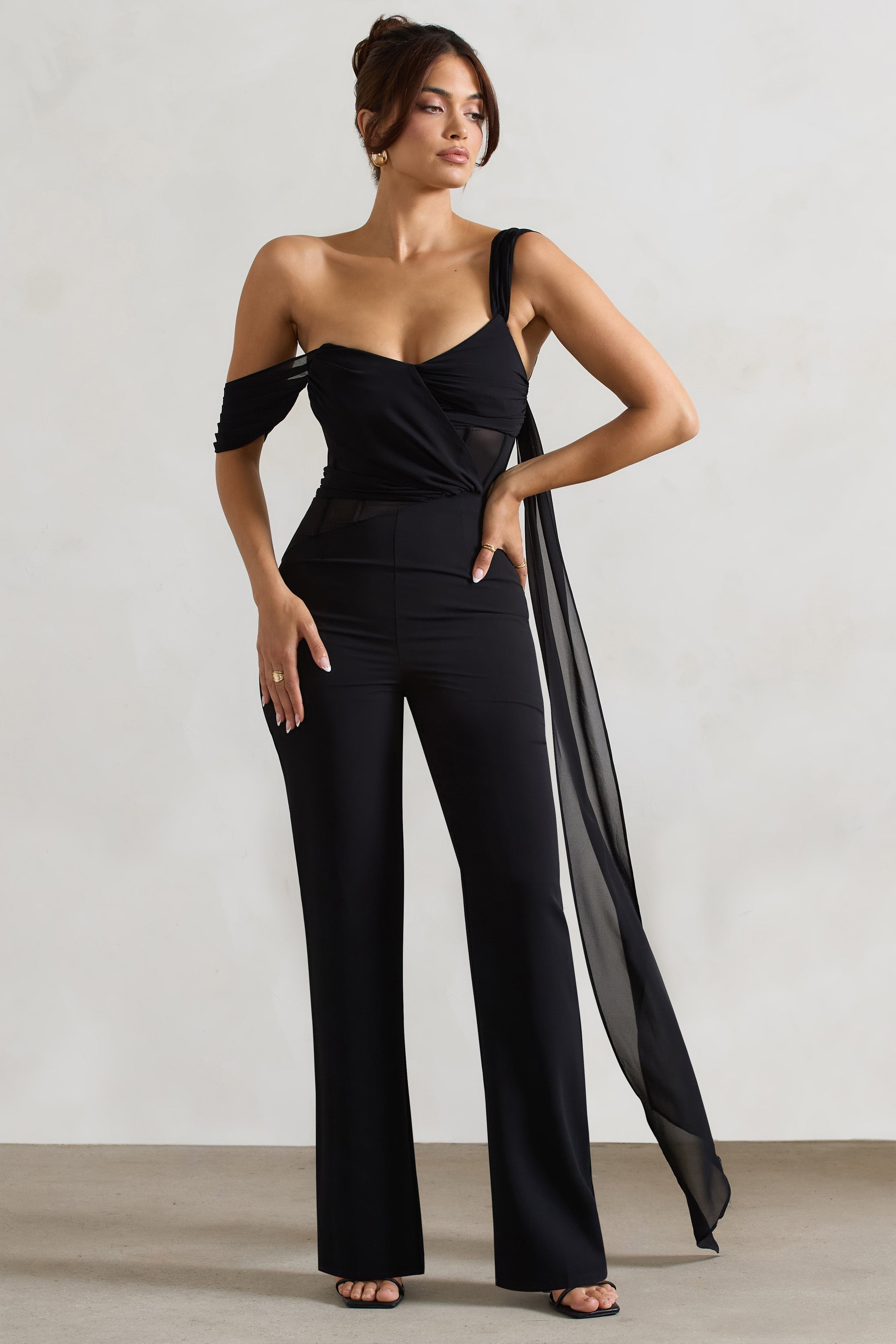 Fatale Black Draped-Sleeve Corseted Jumpsuit With Sash