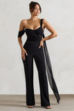 Fatale Black Draped-Sleeve Corseted Jumpsuit With Sash