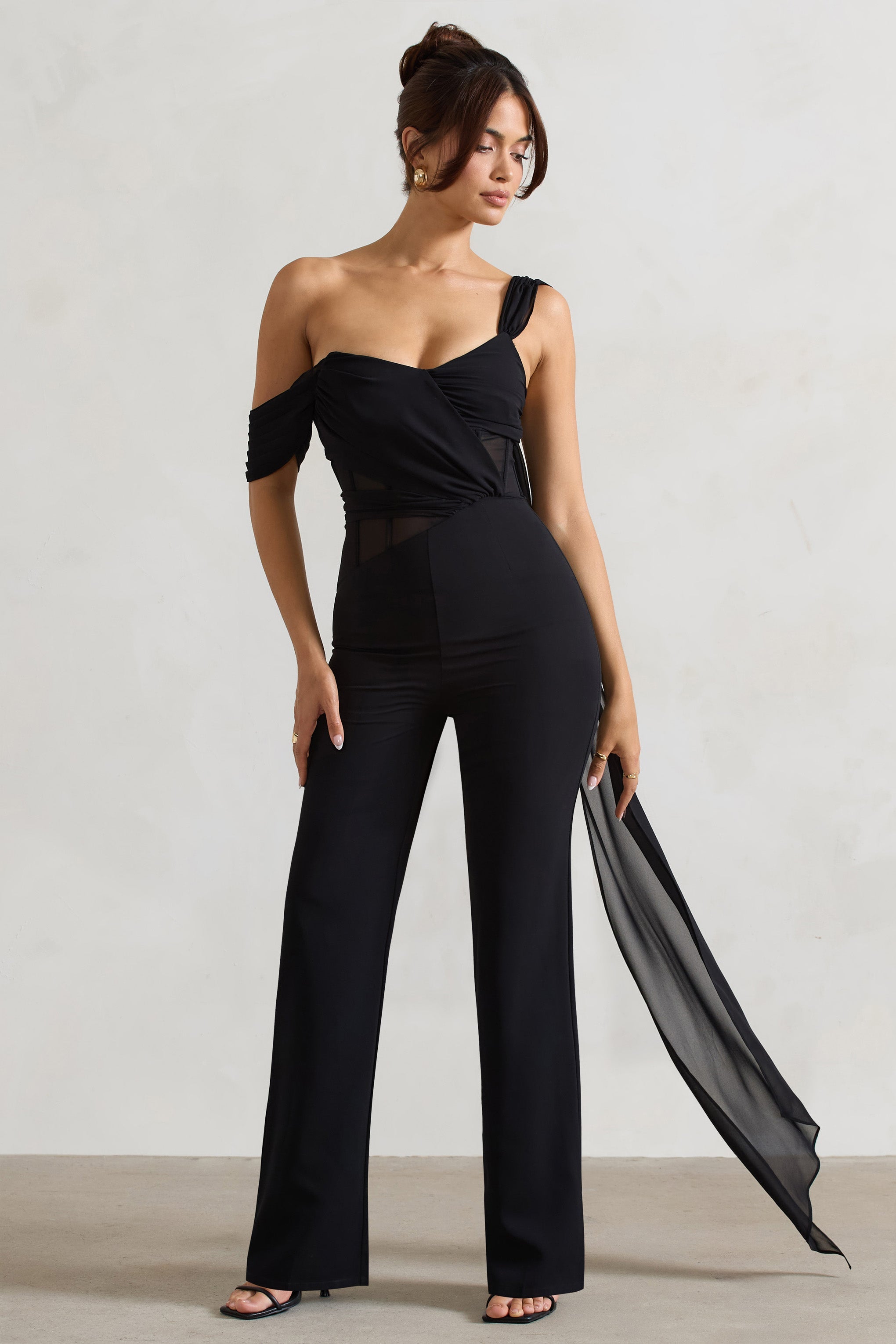 Fatale Black Draped-Sleeve Corseted Jumpsuit With Sash