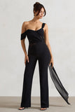 Fatale Black Draped-Sleeve Corseted Jumpsuit With Sash