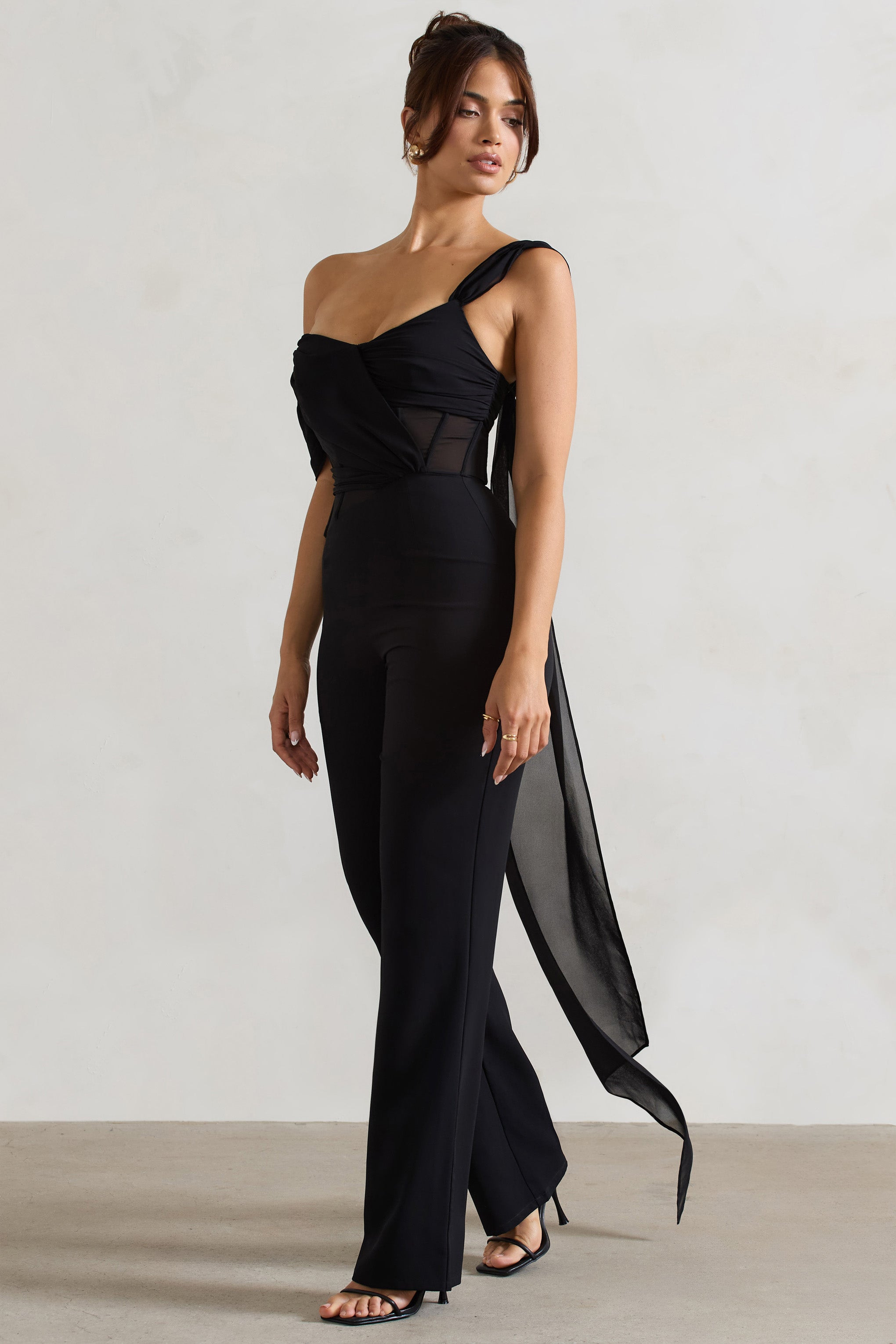 Fatale Black Draped-Sleeve Corseted Jumpsuit With Sash