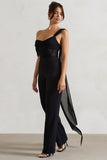 Fatale Black Draped-Sleeve Corseted Jumpsuit With Sash