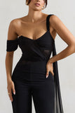 Fatale Black Draped-Sleeve Corseted Jumpsuit With Sash