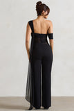 Fatale Black Draped-Sleeve Corseted Jumpsuit With Sash