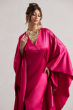 Alohi Hot Pink Satin Plunge Cape Maxi Dress